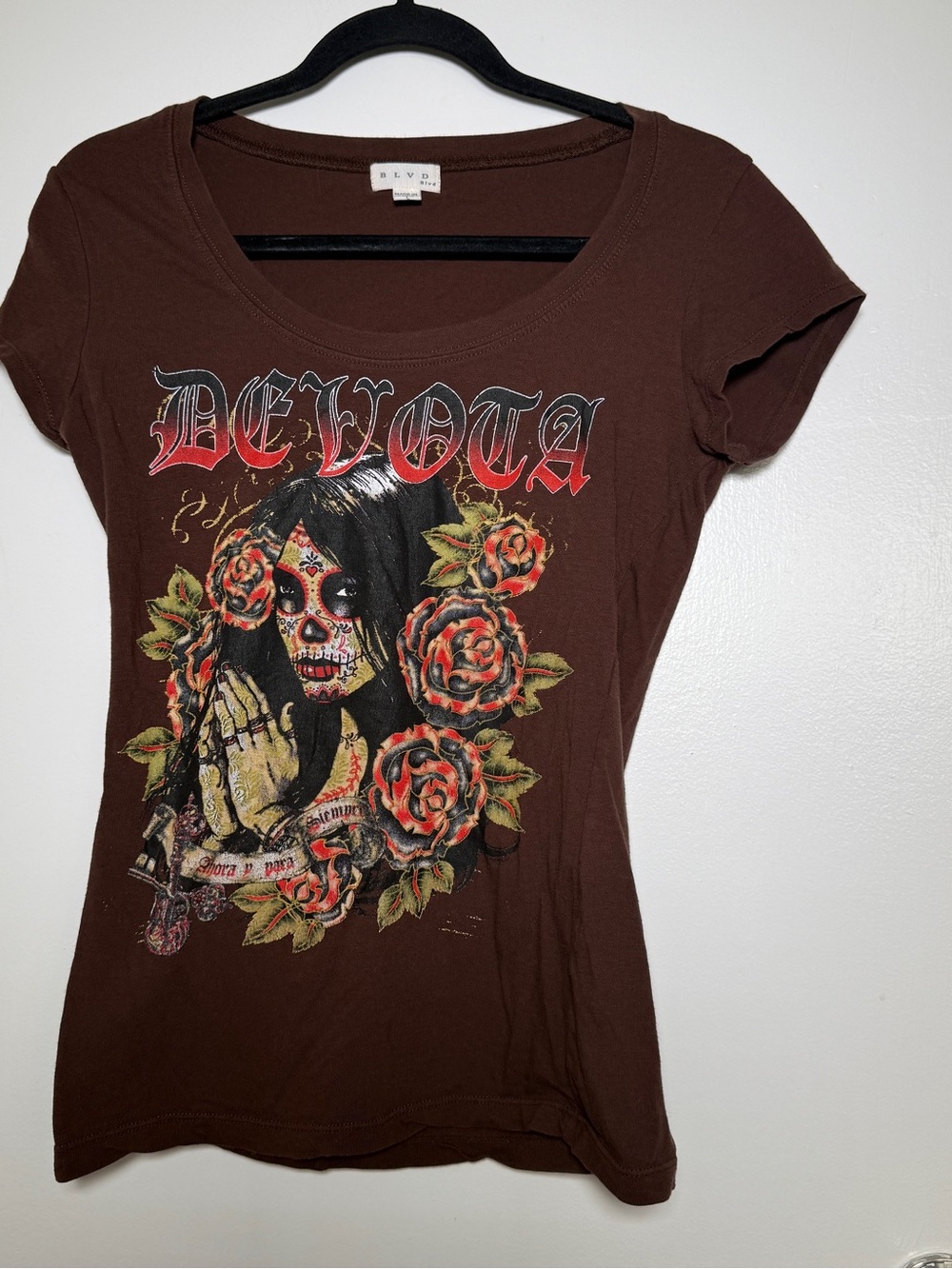 BLVD Brown Graphic Tee with Rose & Sugar Skull Print Y2K Large